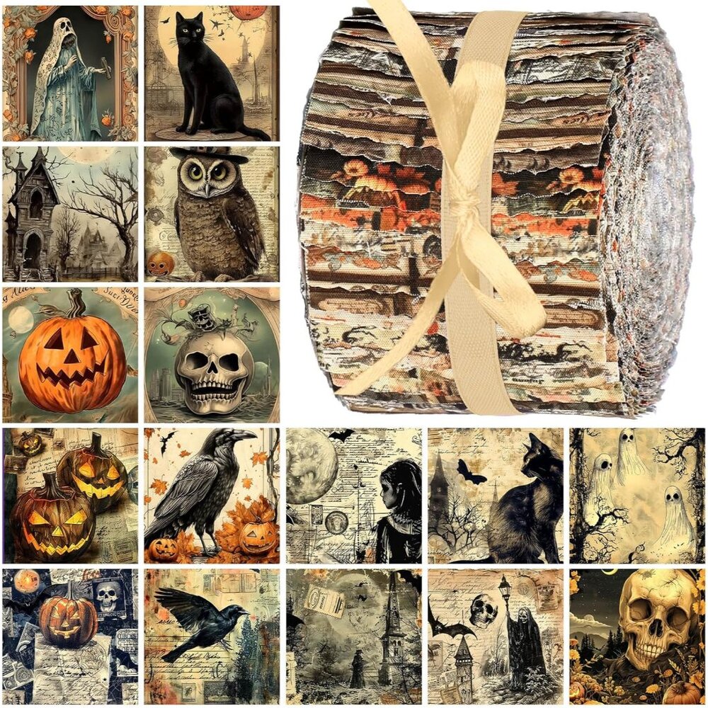40 Pcs Vintage Halloween Fabric Gothic Fabric Skull Pumpkin Ghost Crow Cat Owl B